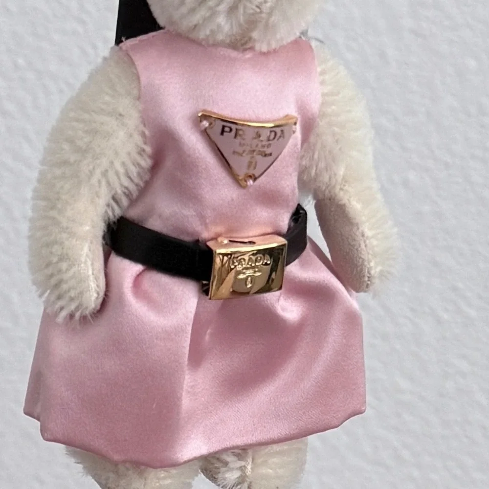 Prada Orsetto Grace Bear Keychain Pink Satin Dress Gold Hardware 1TO067